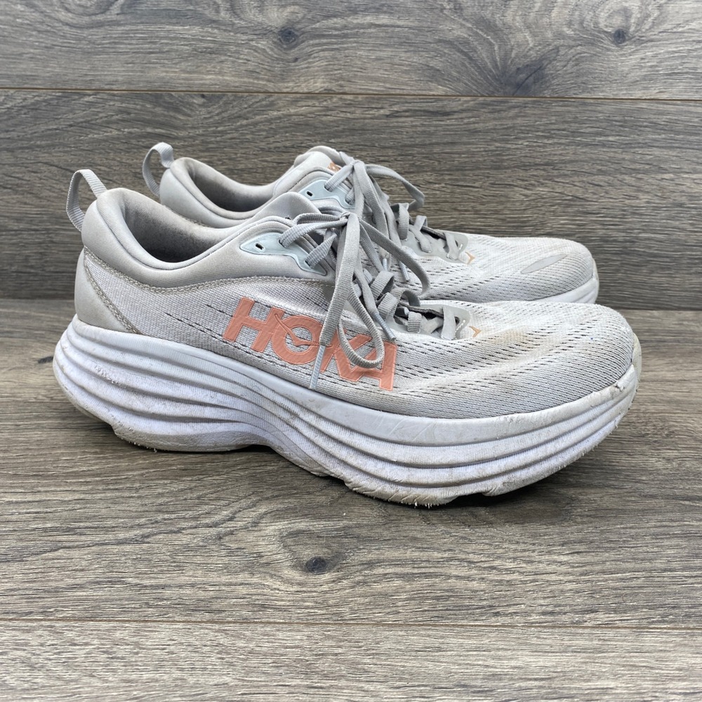Hoka Bondi 8 Running Shoes Womens 9.5 Grey Pink Harbor Mist Max Cushion Sneaker